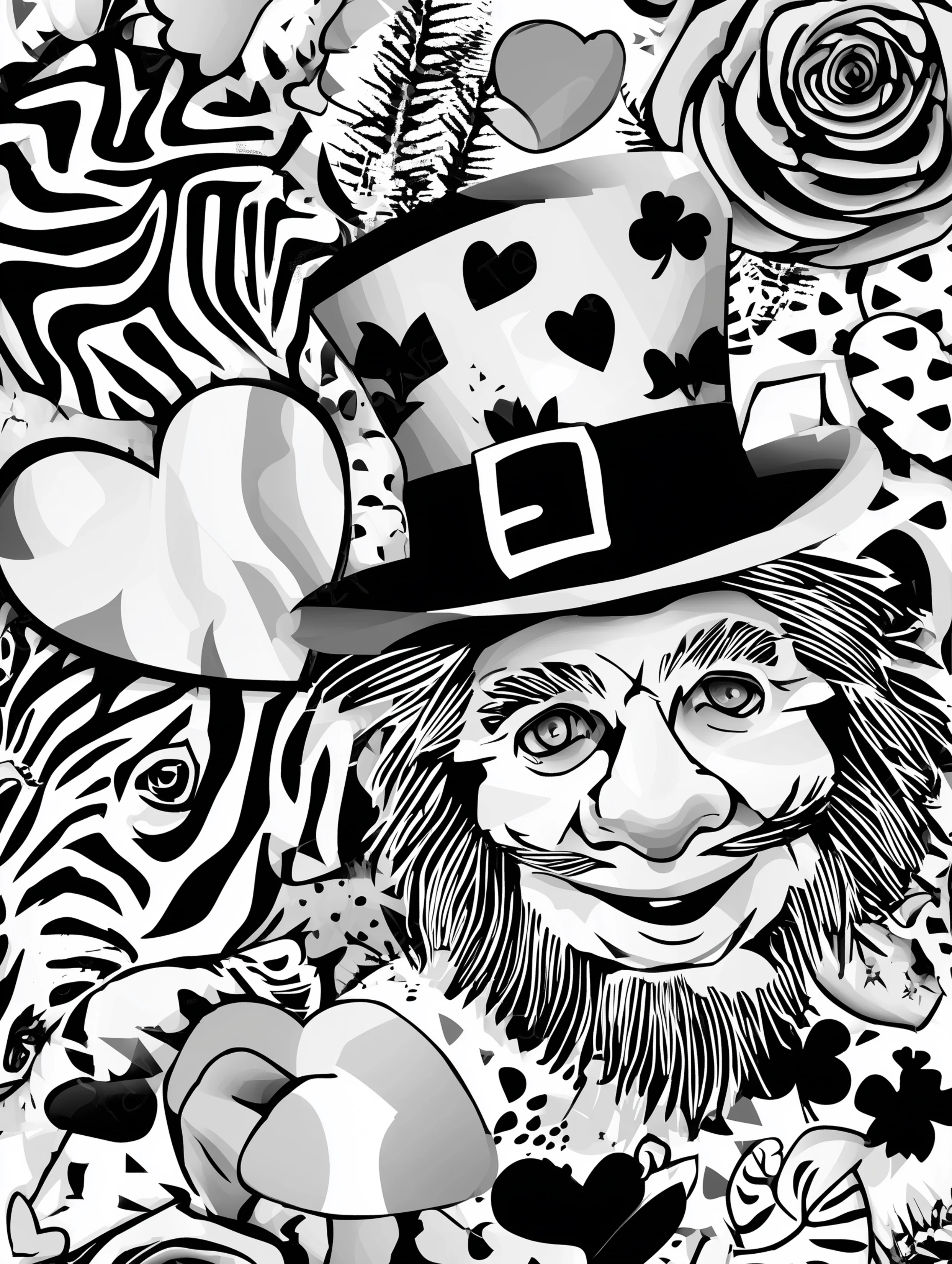 Free printable St Patricks Day coloring page for adults featuring a leprechaun with a heart background